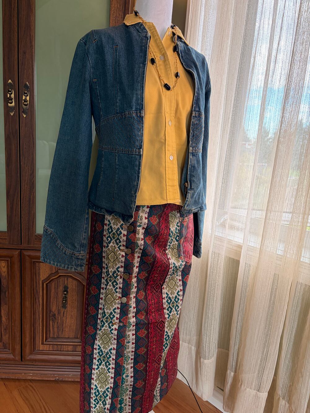 Vintage Coastal Cowgirl Tapestry MIDI Skirt 90s Boho Western Button Front Nikki-